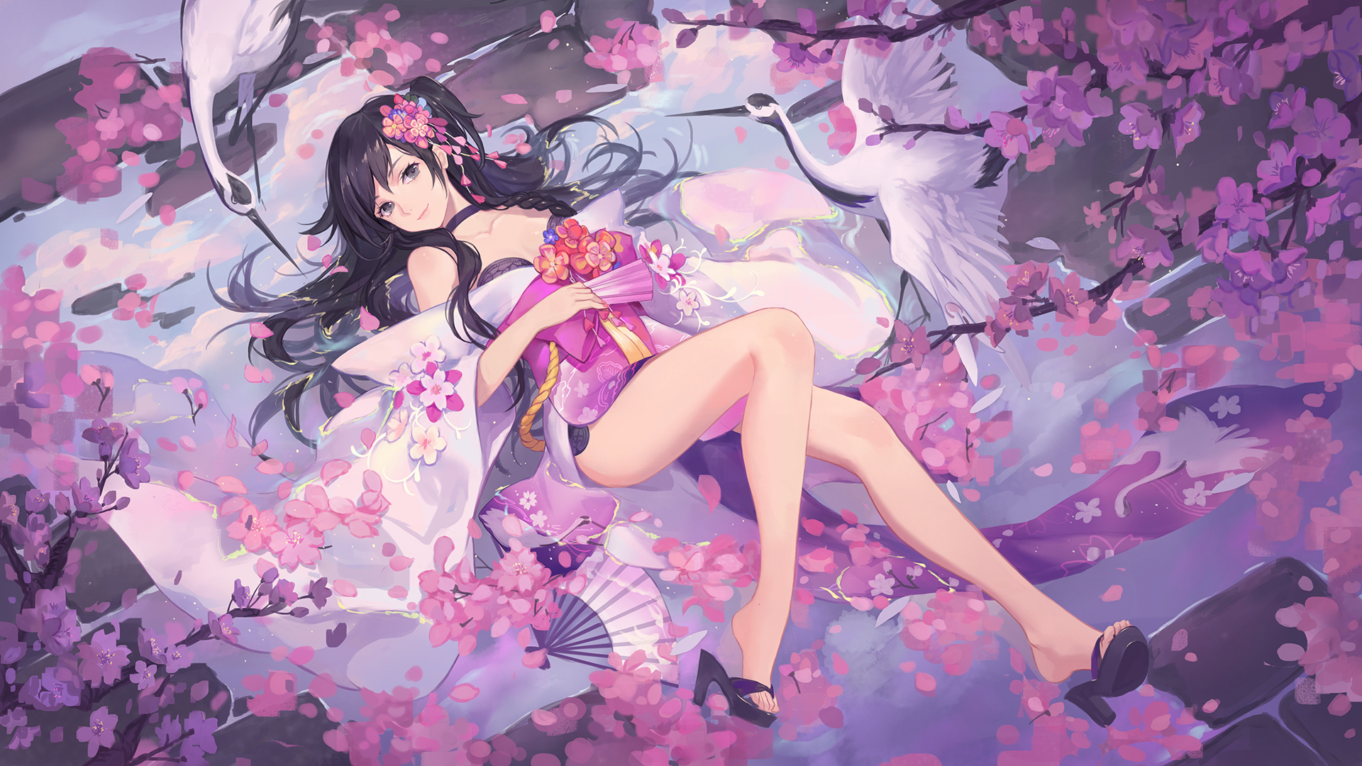 粉色鲜花仙鹤动漫美女桌面壁纸