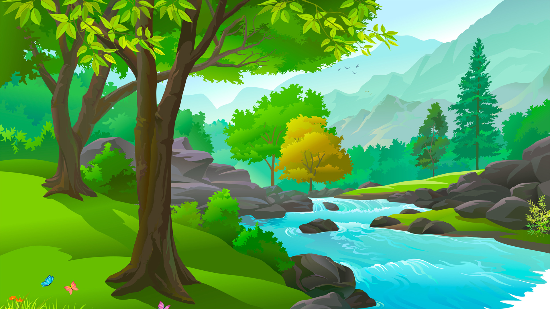春天,树木,河流,山,石头,美丽的风景绘画桌面壁纸
