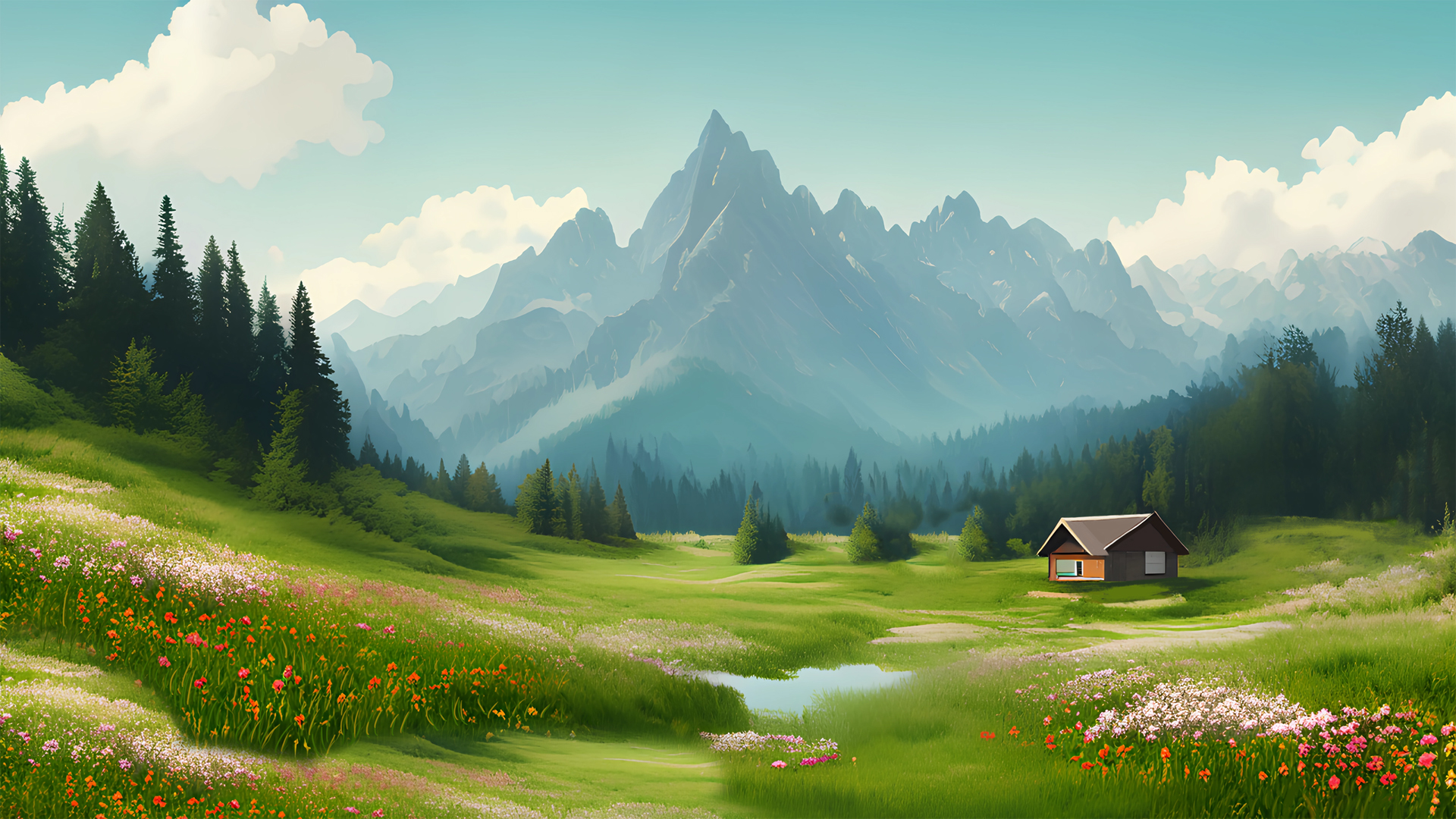 ai风景 阿尔卑斯山 树林 小房子 绿草地 鲜花 护眼壁纸