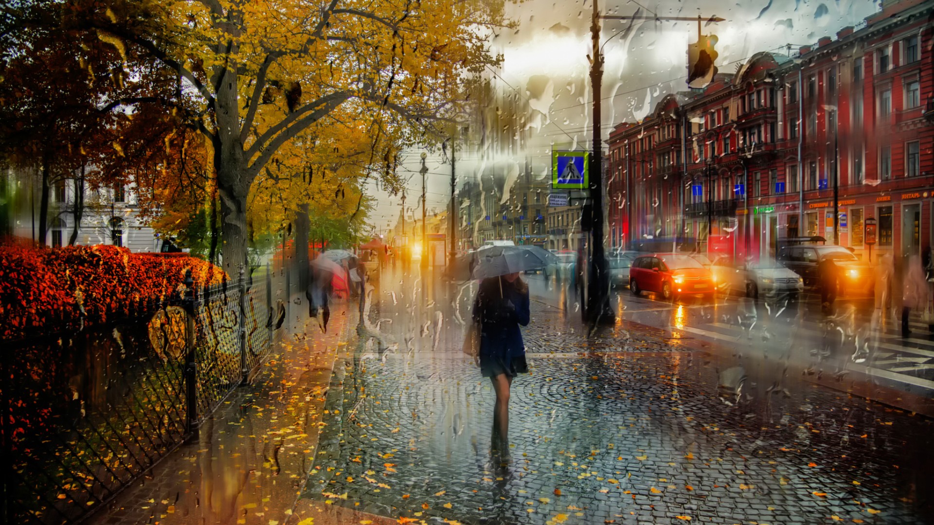 圣彼得堡，十月，雨天，路人，精美绘画风景桌面壁纸