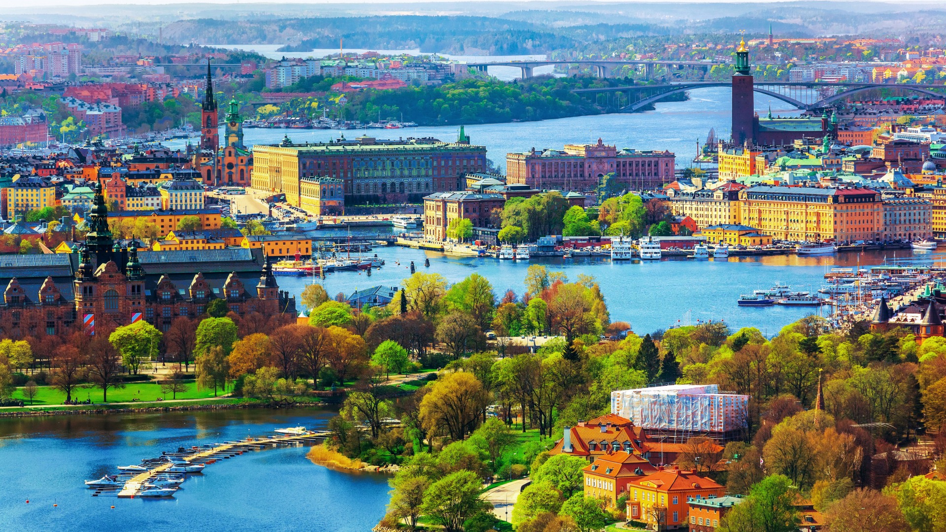 瑞典，斯德哥尔摩，城市，河流，桥梁，船，城市风景桌面壁纸