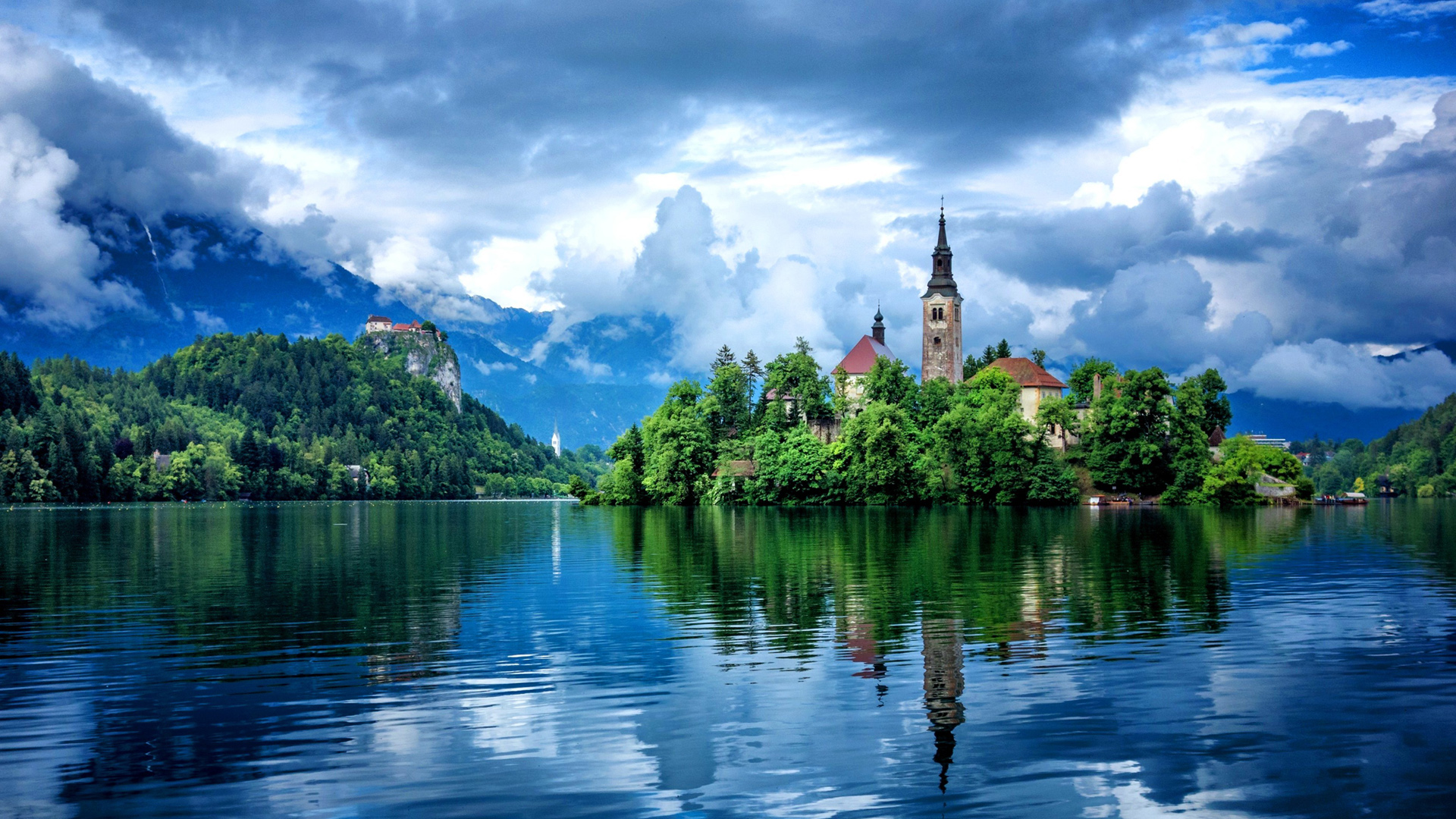 湖泊，山，建筑，倒映，美丽的景色，自然风景壁纸