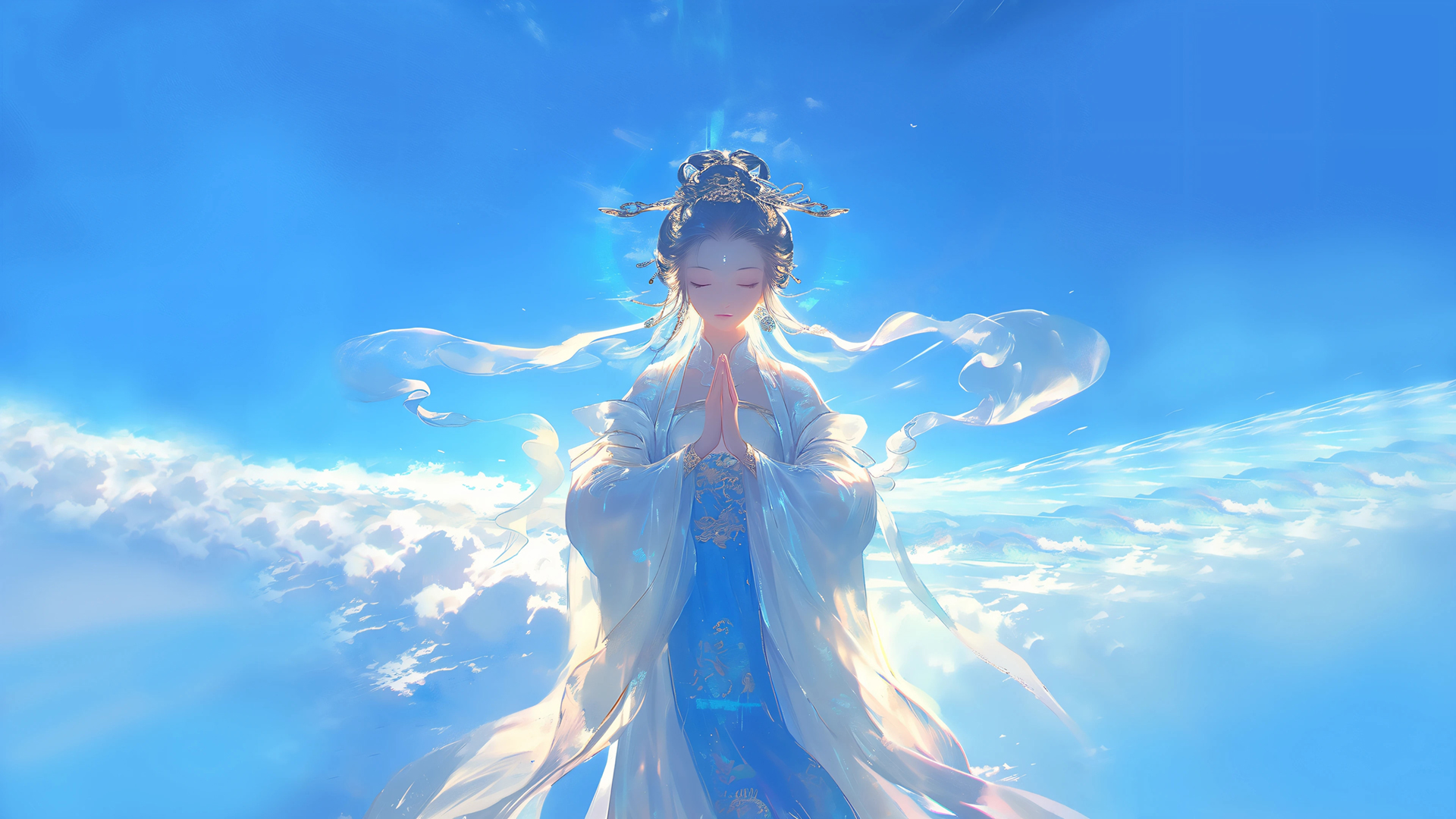 佛系 女神 仙女 双手合十 蓝色天空 动漫壁纸