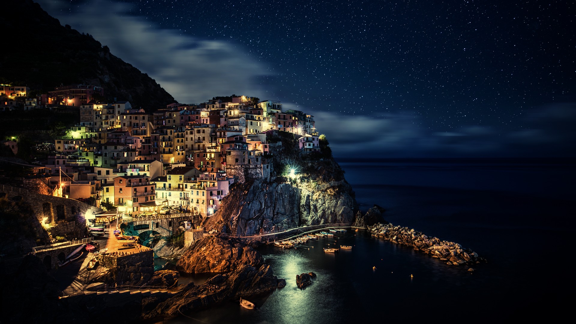 晚上的风景,天空,星星,意大利五渔村风光电脑壁纸