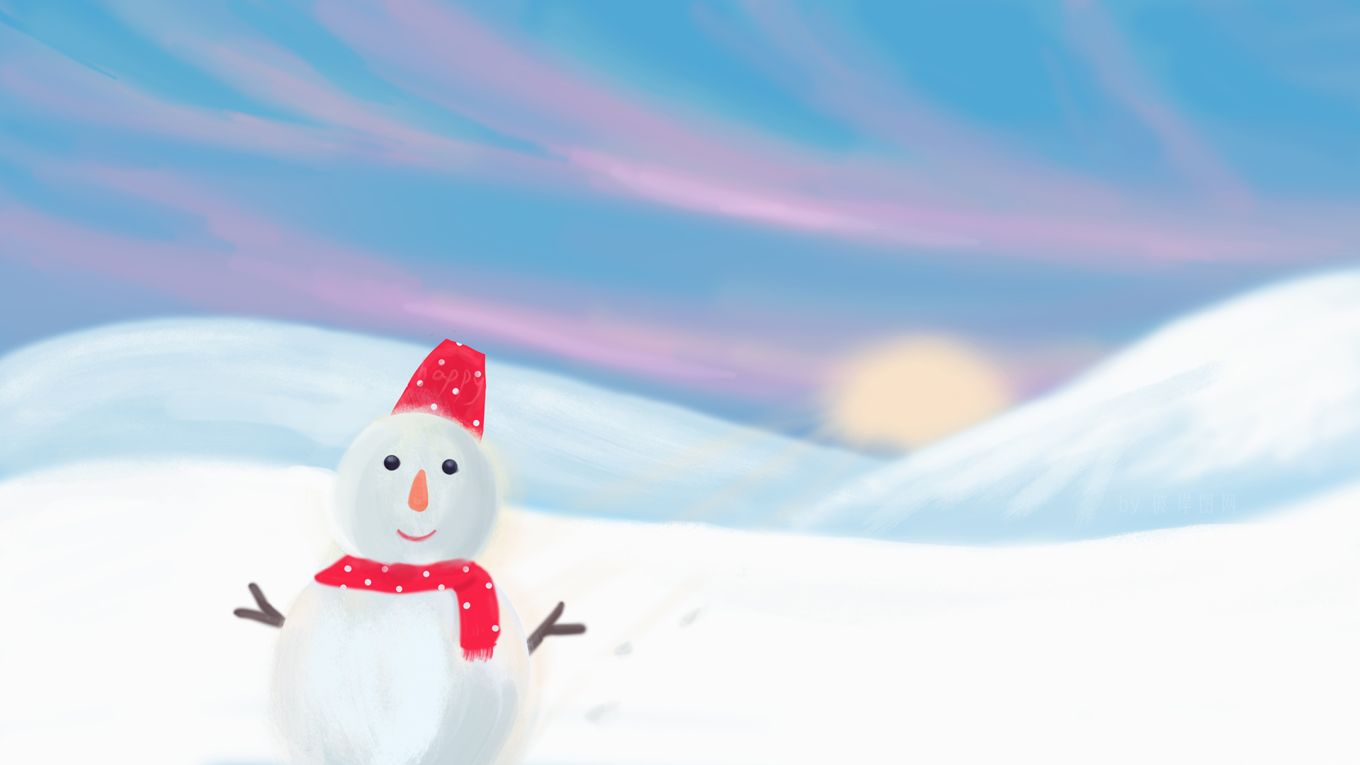 冬天 天空 太阳 雪地 雪人 圣诞节 手绘风景 高清 壁纸