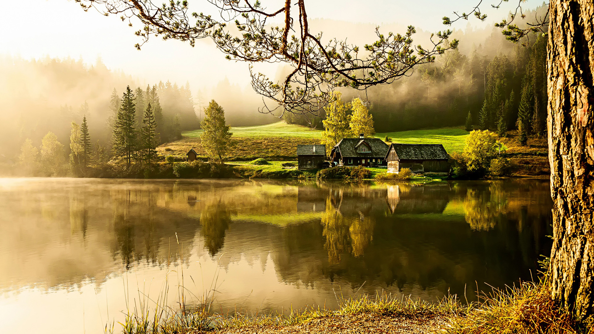 美丽的山村房子,湖,早上,自然美景桌面壁纸