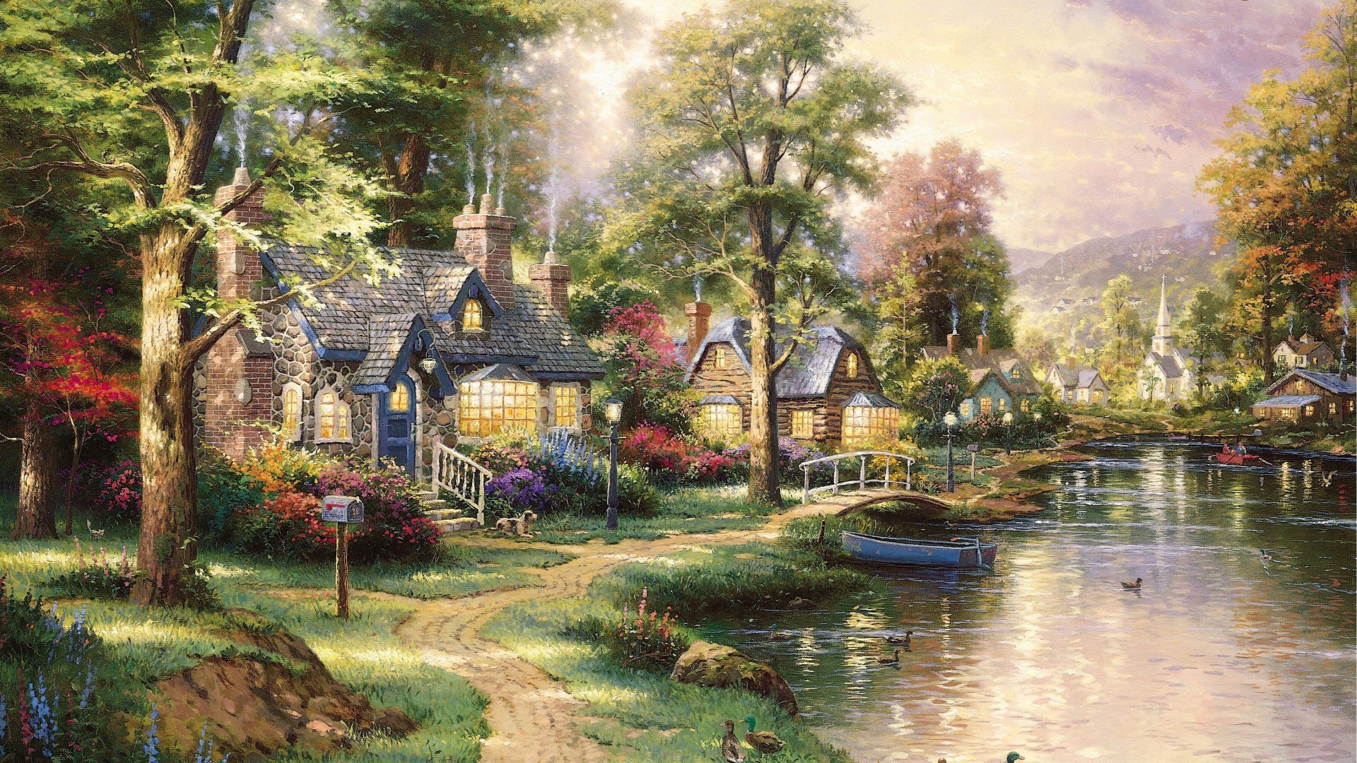 托马斯·金凯德，美丽的景色，树林，房子，小河，马路，风景桌面壁纸