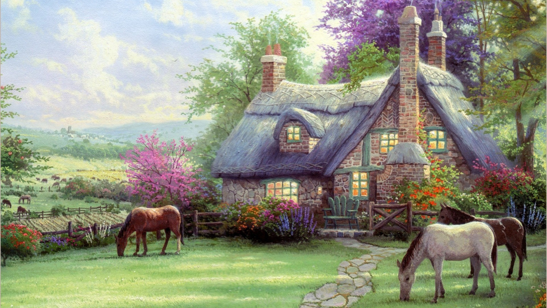 一个完美的夏天的一天，托马斯·金凯德，画，马，房子，草坪，精美风景桌面壁纸