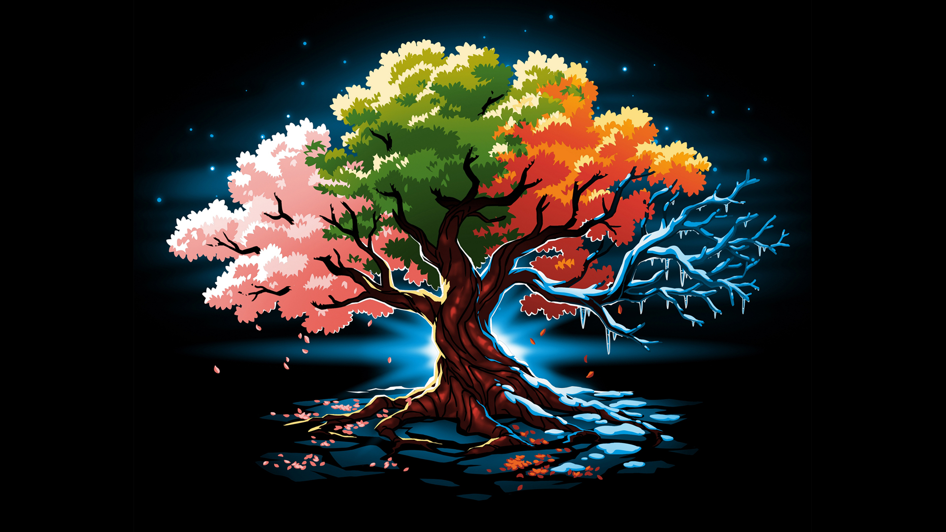 极简主义 树木 四季 彩色树叶 简约 艺术 风景壁纸