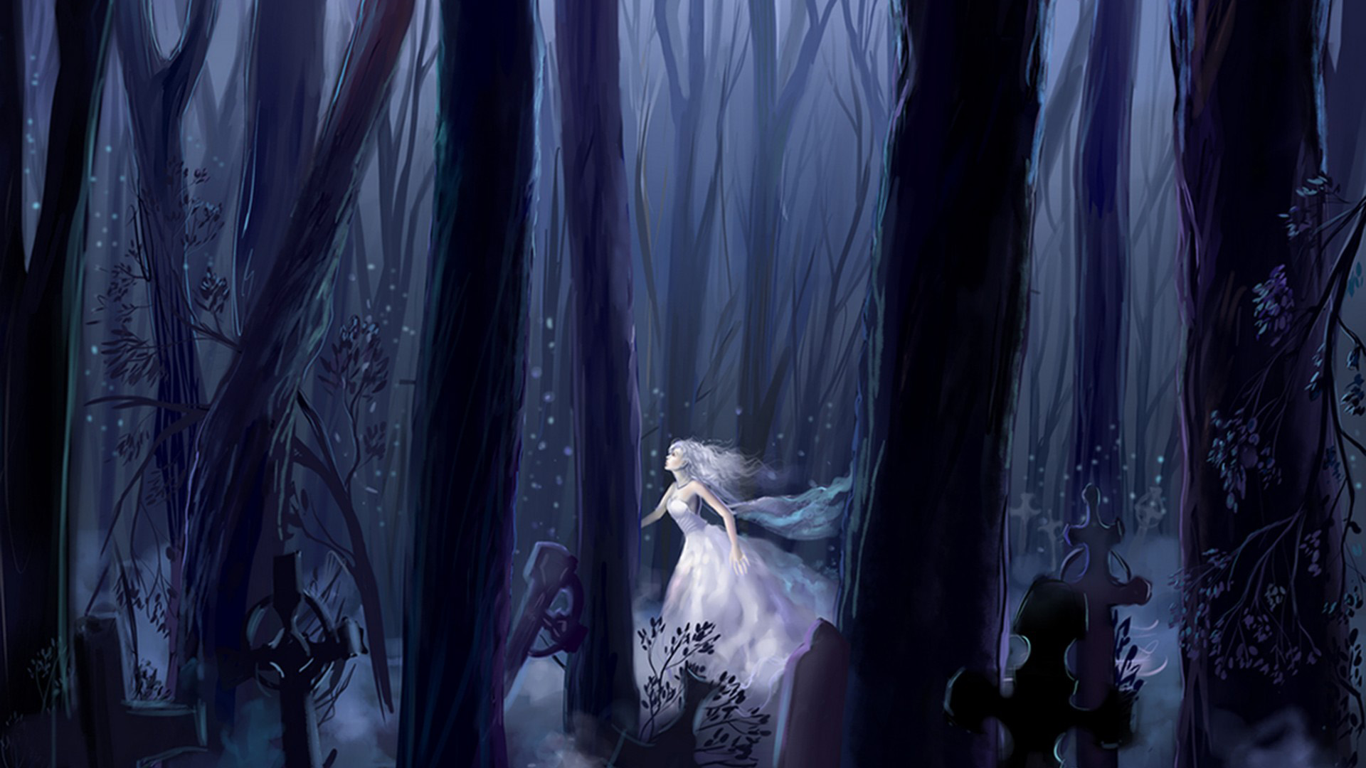 女孩,森林,夜,跑步,白色礼服,壁纸