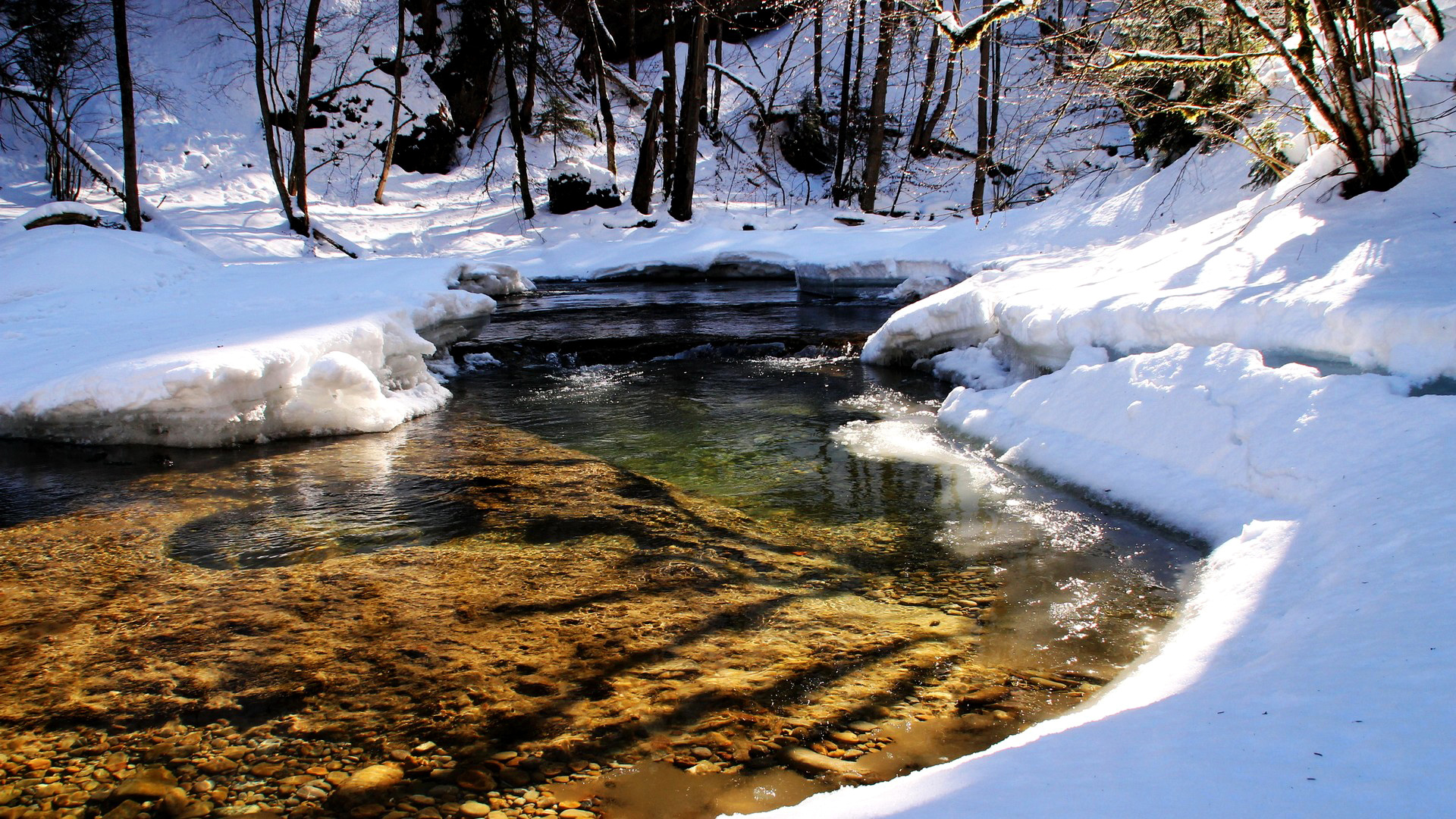 雪,春天的小溪,河流,自然风景桌面壁纸