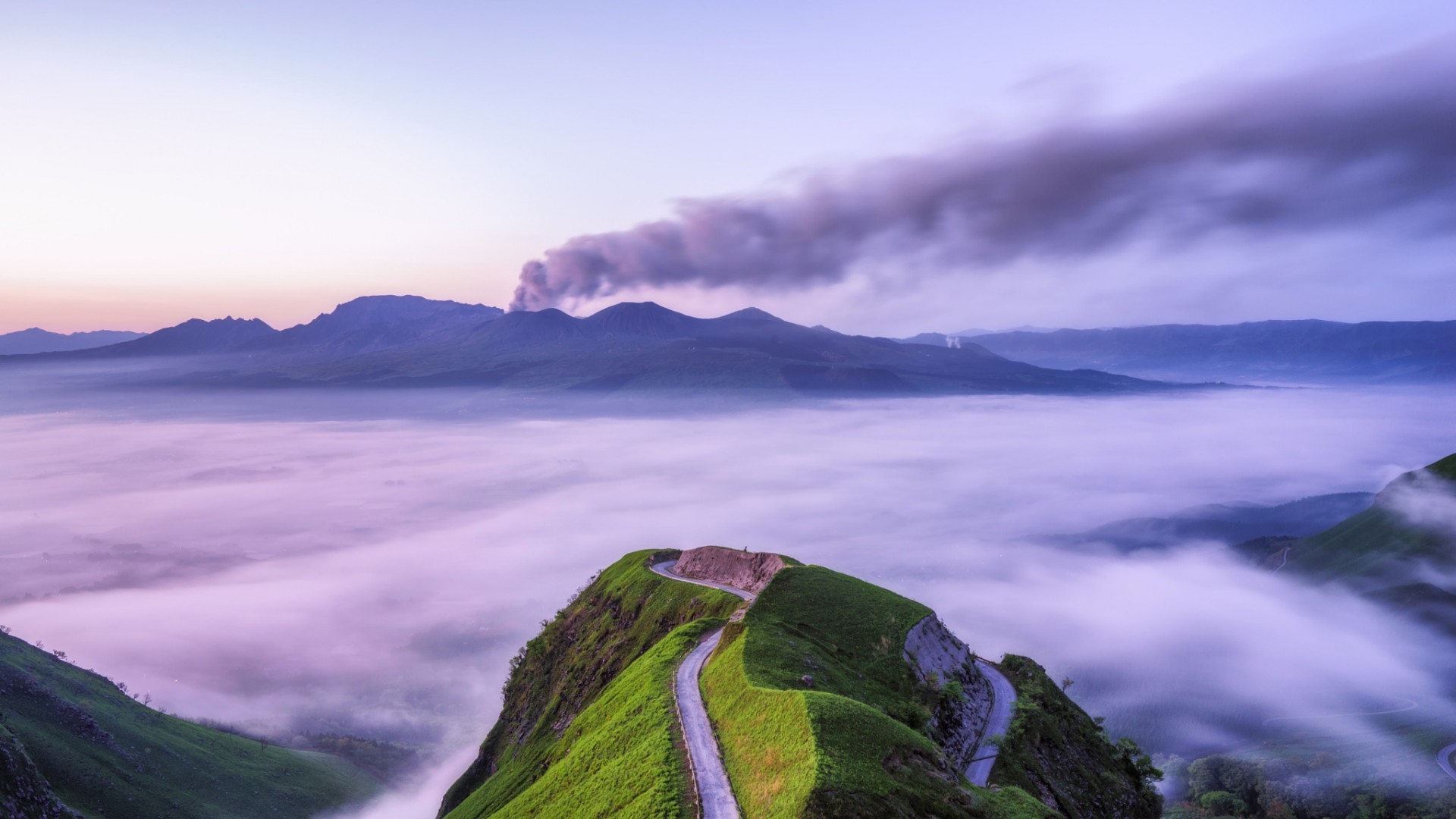 火山，山脉，早上的风景，道路，日本风光桌面壁纸
