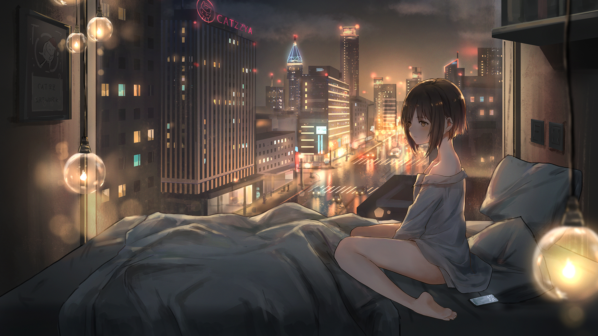 女孩子 起床 晚上 都市 风景夜景 二次元动漫壁纸