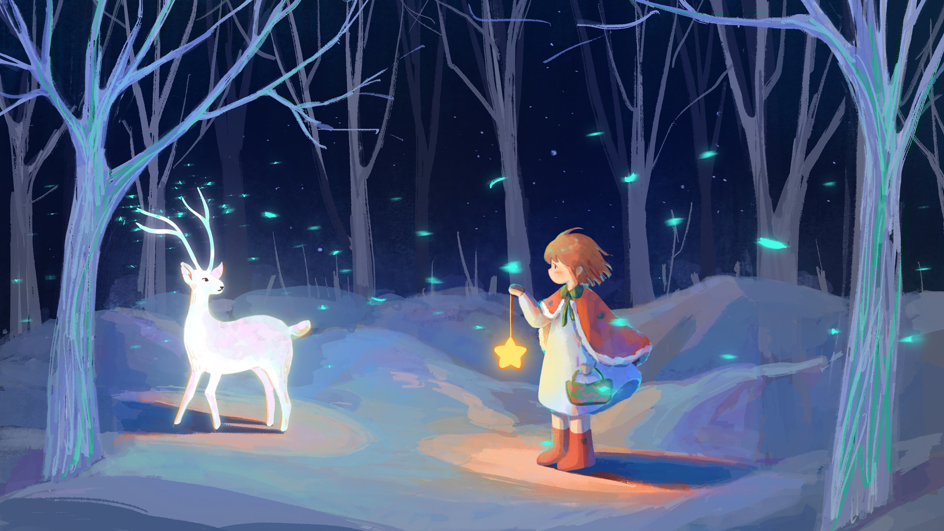 夜晚 森林 小鹿 小女孩 唯美 壁纸