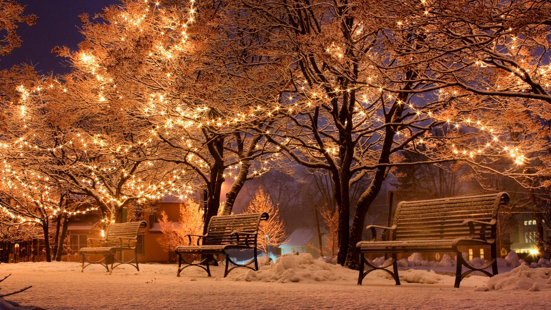 街雪冬天灯箱城市的街夜晚风景壁纸