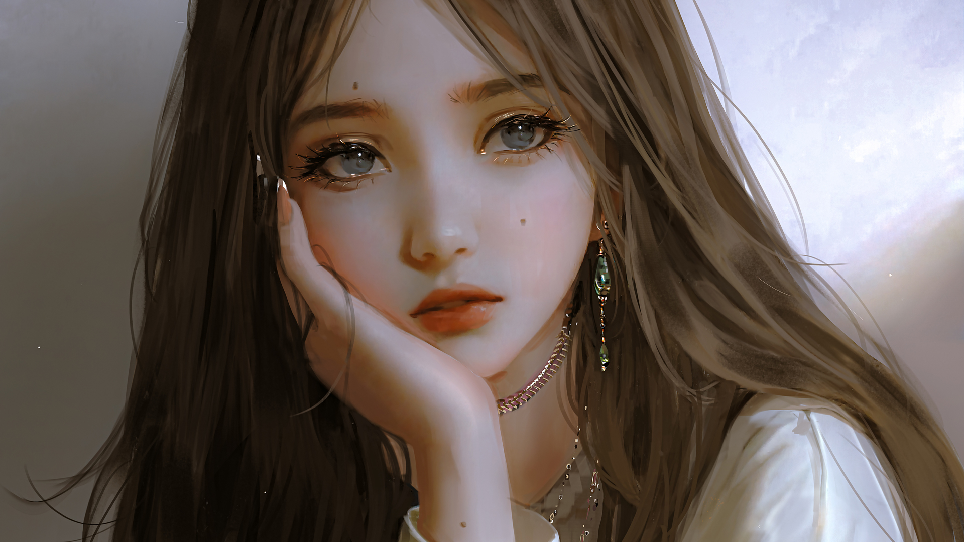 长发 女孩 一手托腮 厚涂 高清 动漫 壁纸