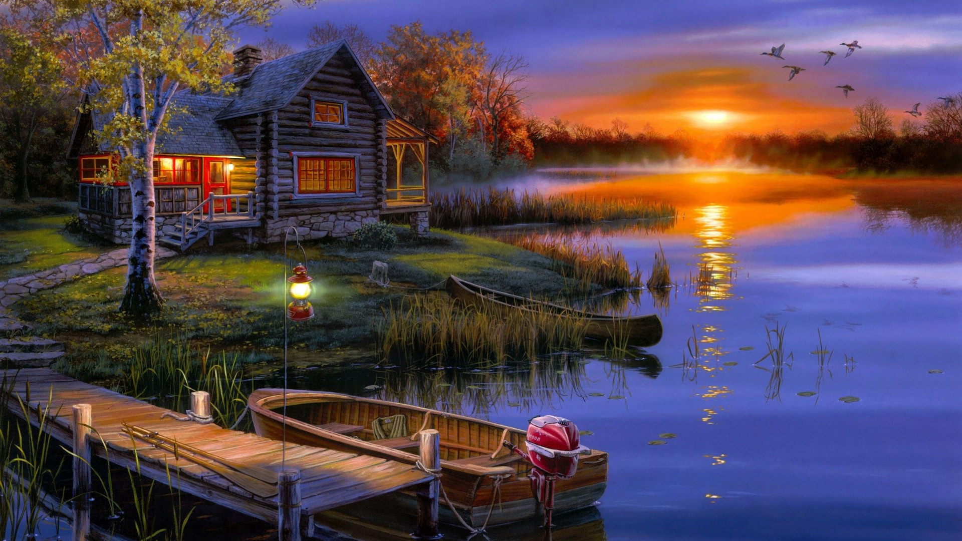 世外桃源，宁静的湖畔，别墅，夕阳，树林，码头，小木船，唯美意境，风景壁纸