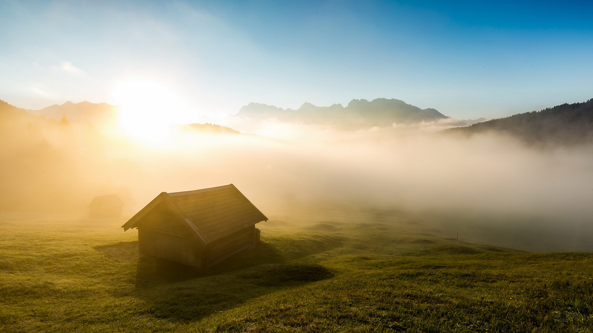 早晨,雾,小木屋,草地,风景桌面壁纸