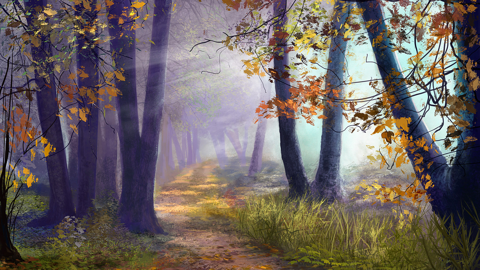 秋天的森林唯美意境手绘壁纸
