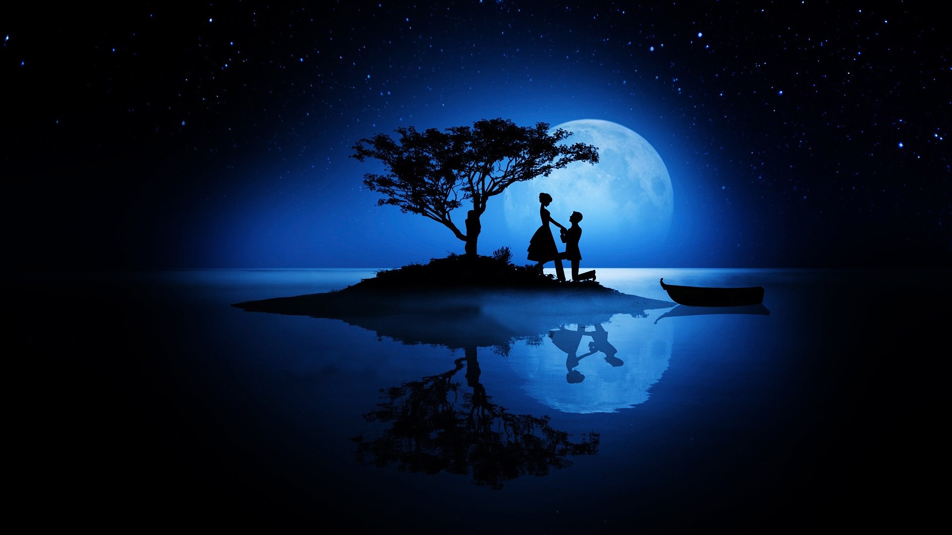 情人节，情侣，晚上，树，船，月亮，星星，美丽的倒影，剪影图片，壁纸
