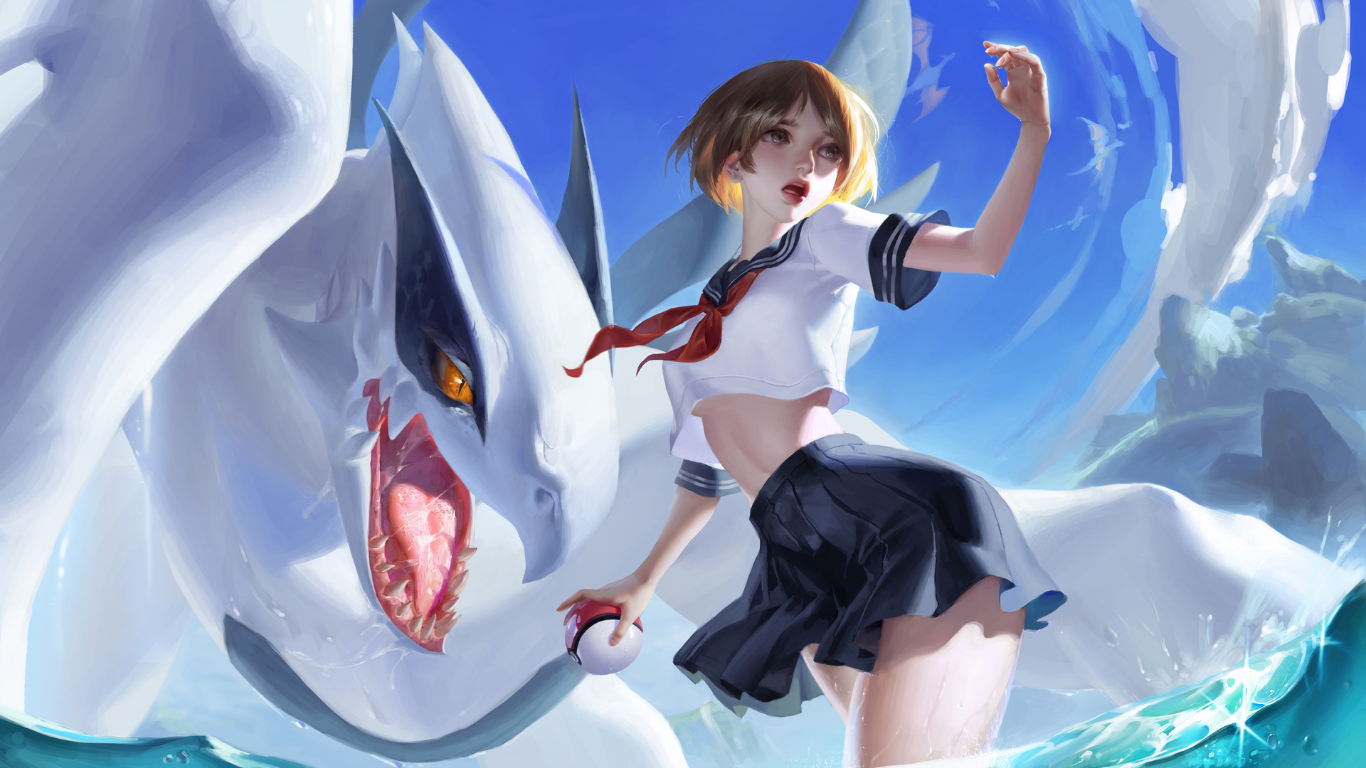 天空 大海 鲨鱼 学生制服 二次元动漫美女壁纸