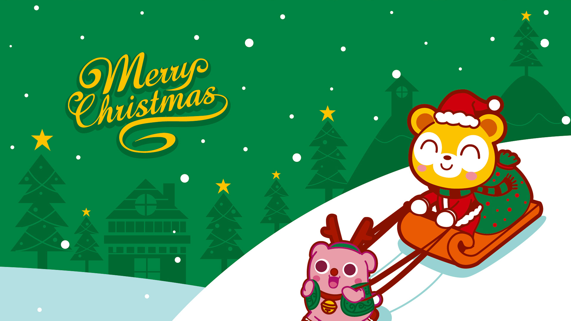 悠克熊,圣诞节,下雪,Merry Christmas,麋鹿,雪橇,圣诞老人,雪,圣诞树,壁纸