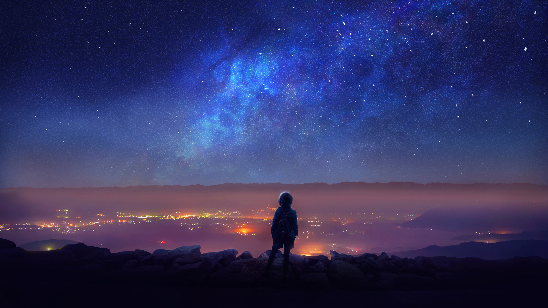 一个女生观望星空桌面壁纸