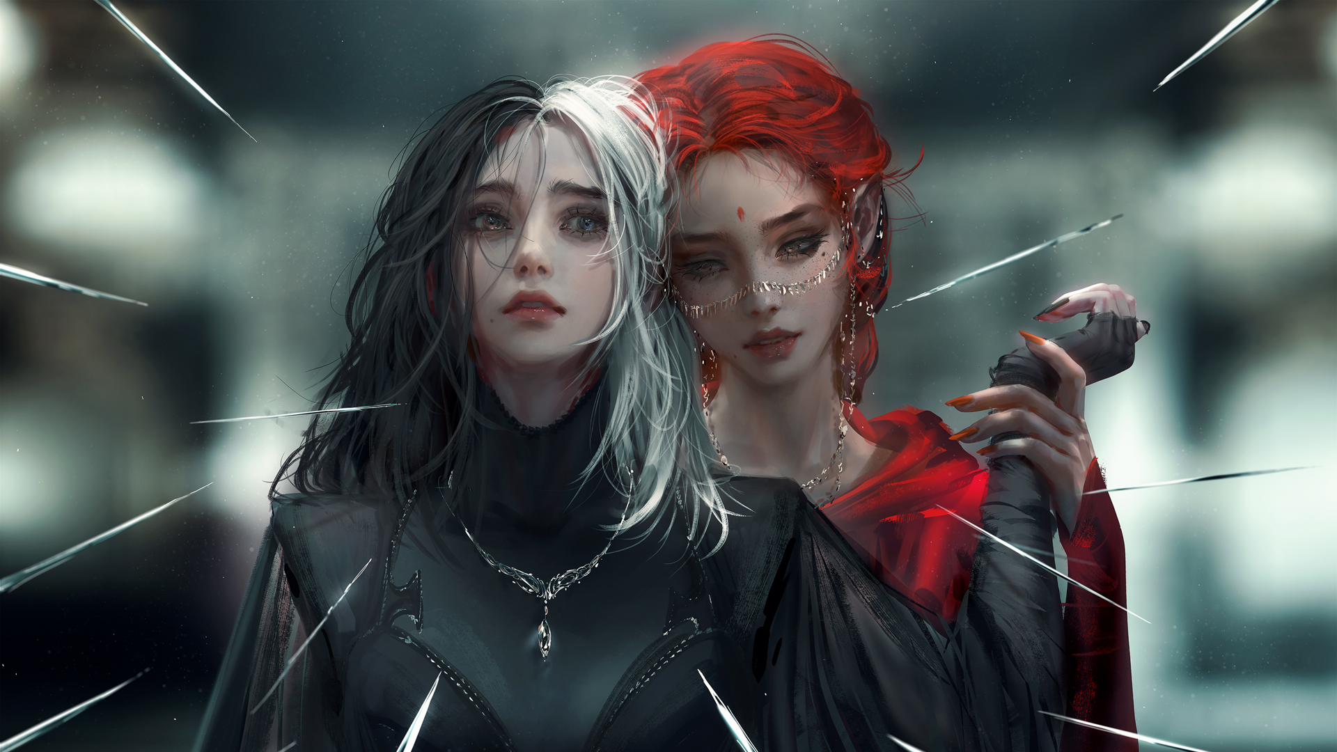 黑白魔女 红色头发唯美美女厚涂画壁纸