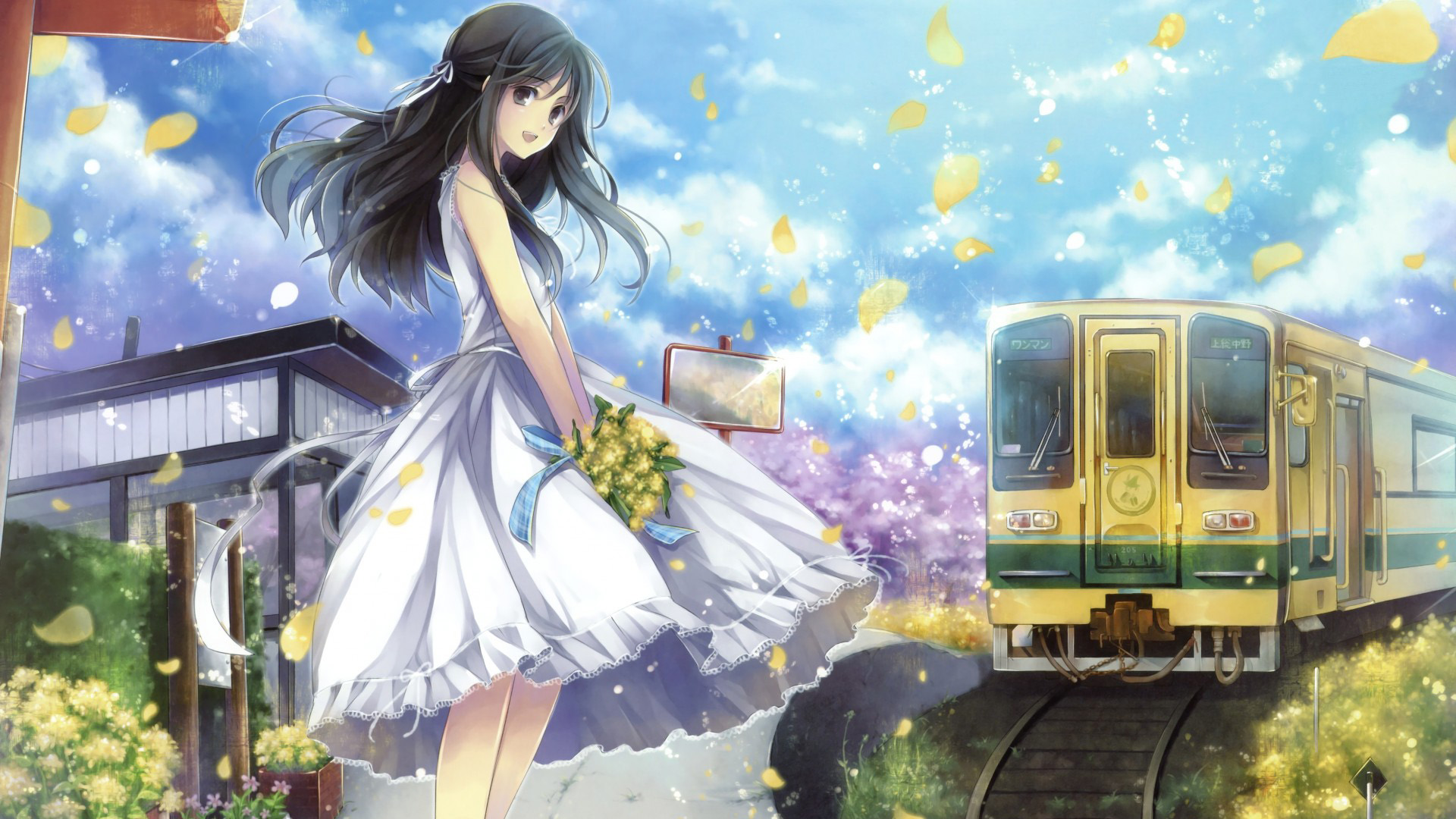 女孩,长头发,火车,花束图片,好看动漫壁纸