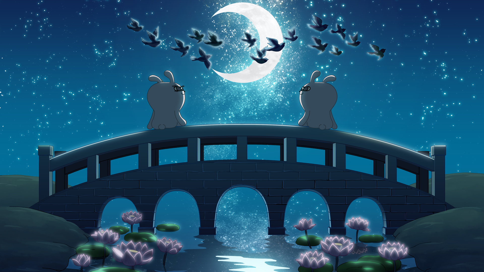 冷兔 七夕 鹊桥 月亮 荷花 喜鹊 七夕夜桌面壁纸