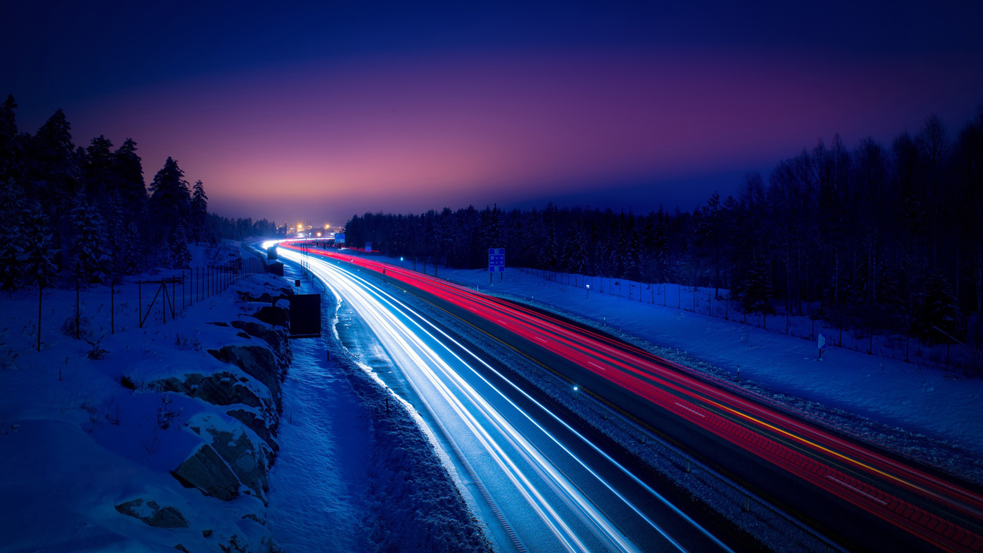 冬天,晚上,雪,灯,道路风景桌面壁纸