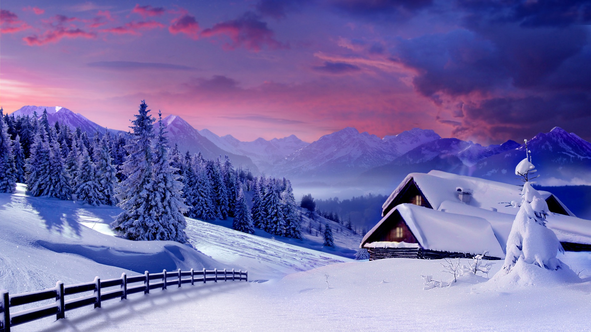 冬天，雪，小屋，栅栏，树木，冬天的风景图片，风景壁纸