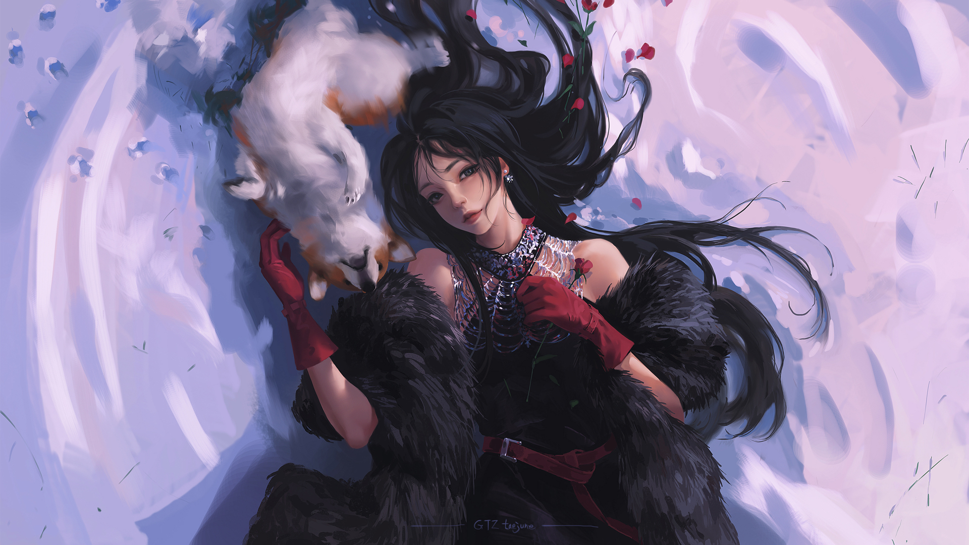 冬天躺在雪地上的女子 黑色皮草 红色手套 小狗 高清动漫壁纸