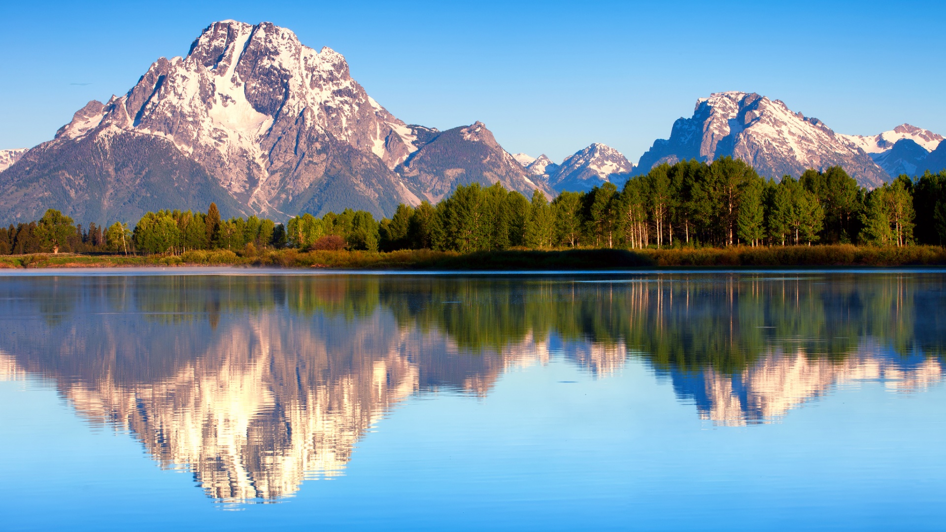 早晨,湖,山,倒映,怀俄明州,大蒂顿国家公园,风景桌面壁纸