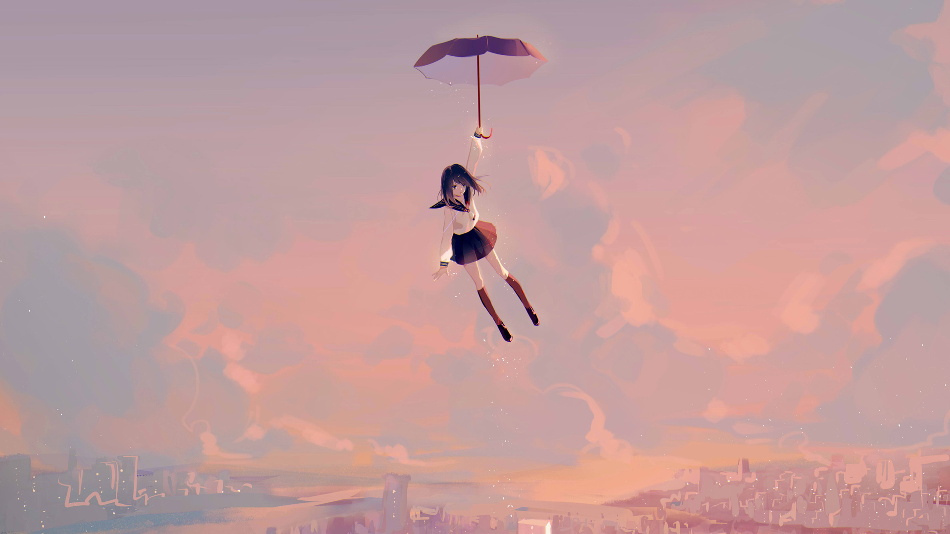 天空 女孩 伞 降落 动漫壁纸