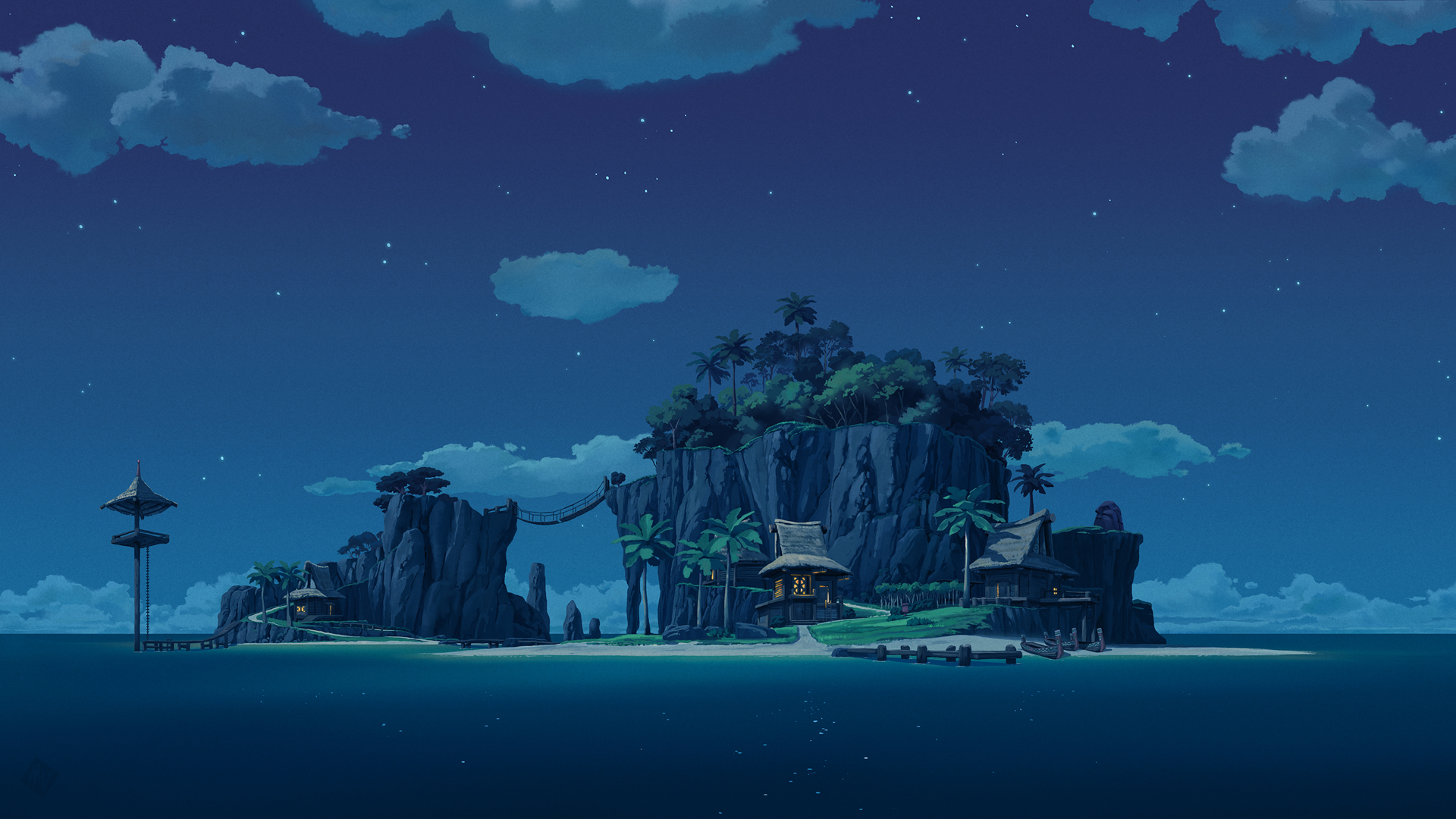 大海 小岛 房子 夜晚 星空 风景桌面壁纸