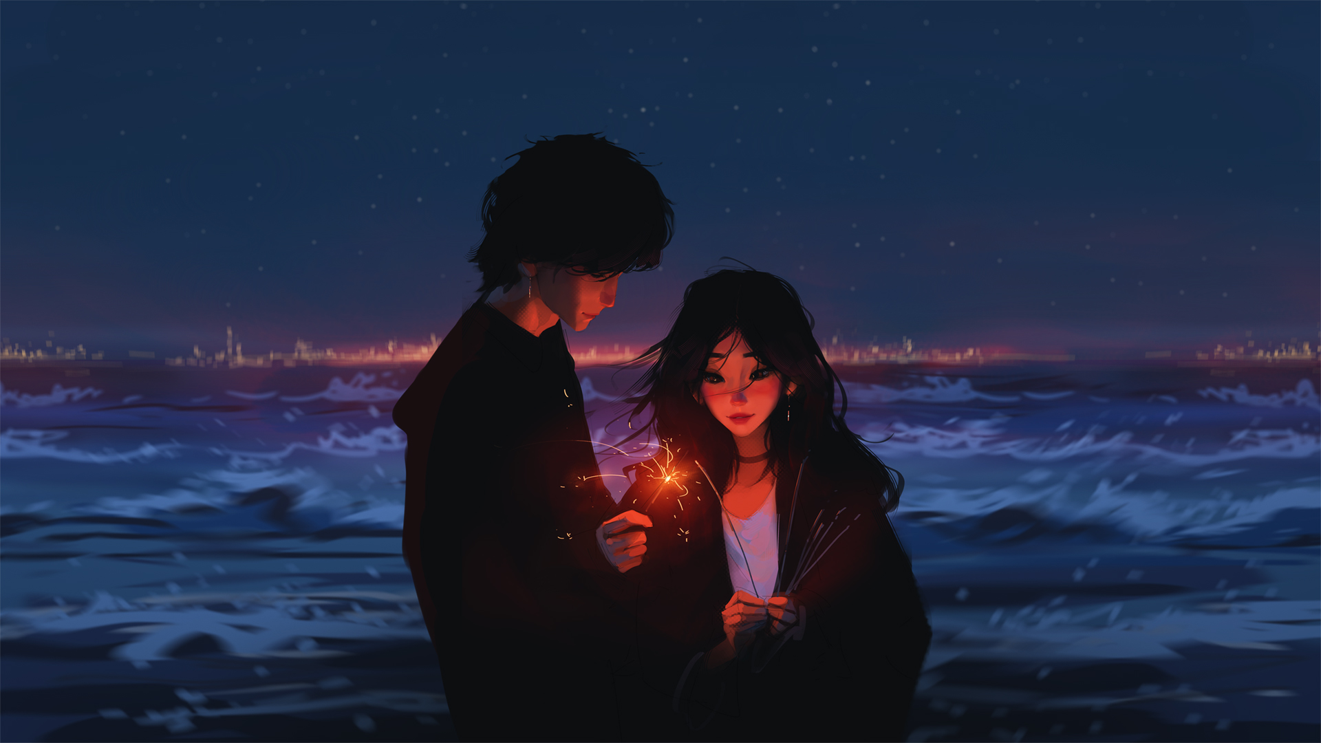 大海 海浪 夜晚 星星 男孩 女孩 恋人情侣 动漫壁纸