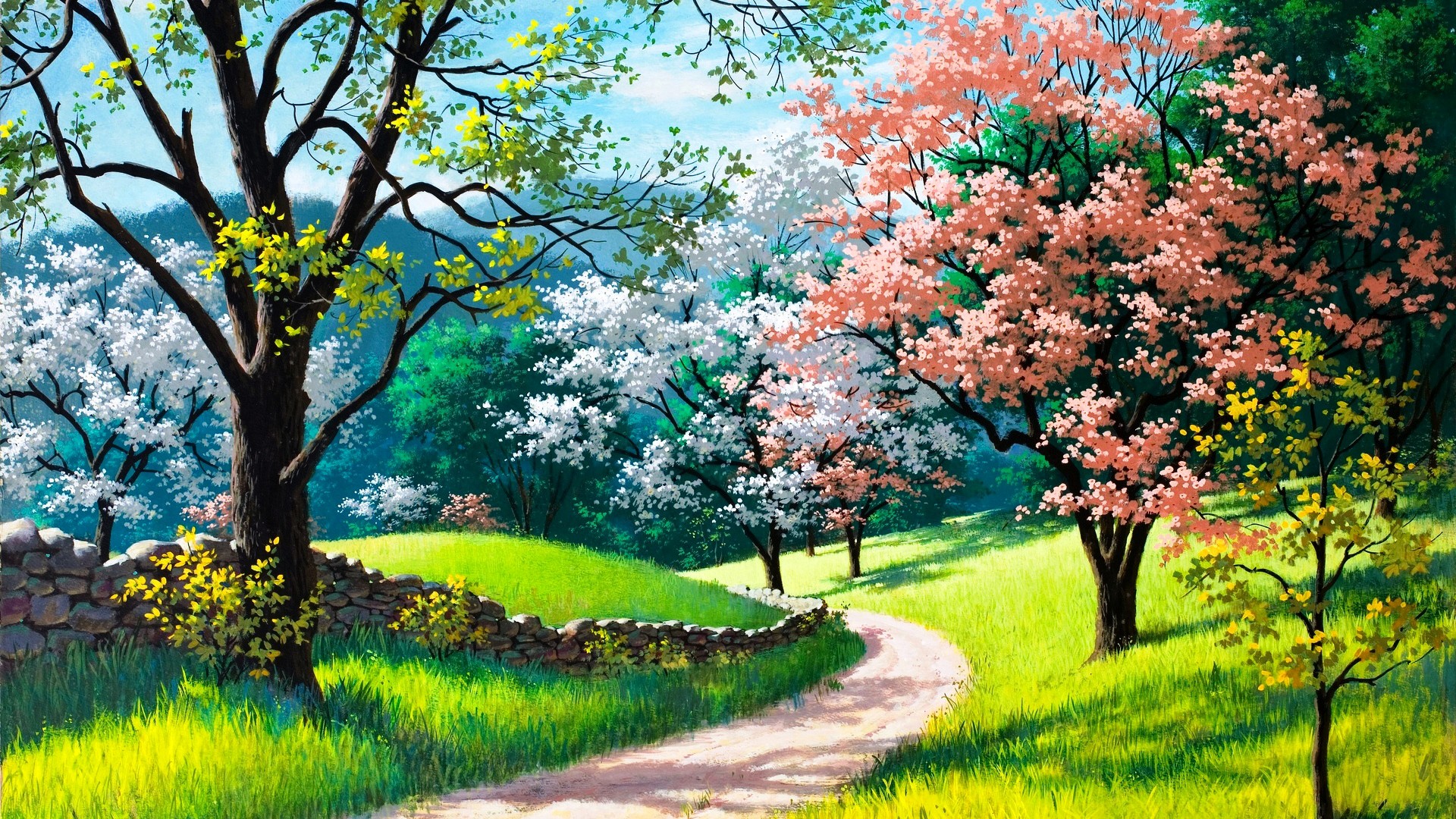 自然，山，树林，草，路，森林，精美绘画风景桌面壁纸