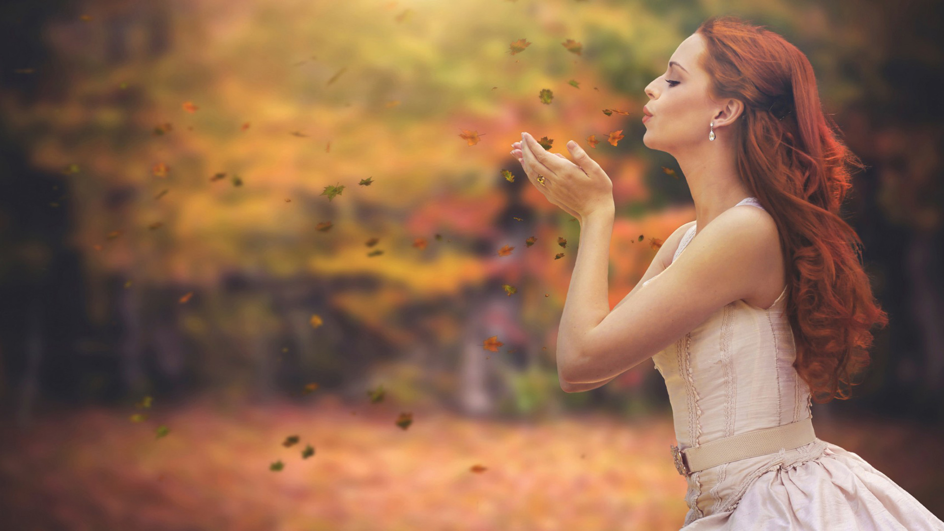 秋天，叶子，女孩，唯美意境风景壁纸