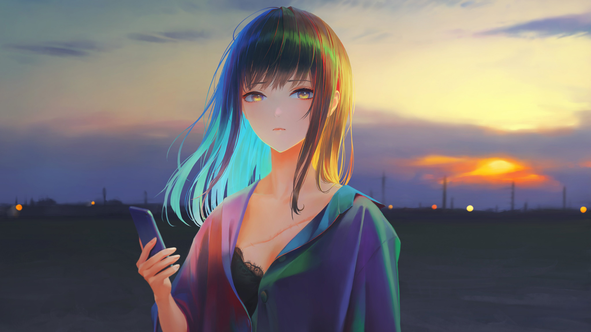 好看动漫美女 睡衣 手机 傍晚晚上风景动漫壁纸