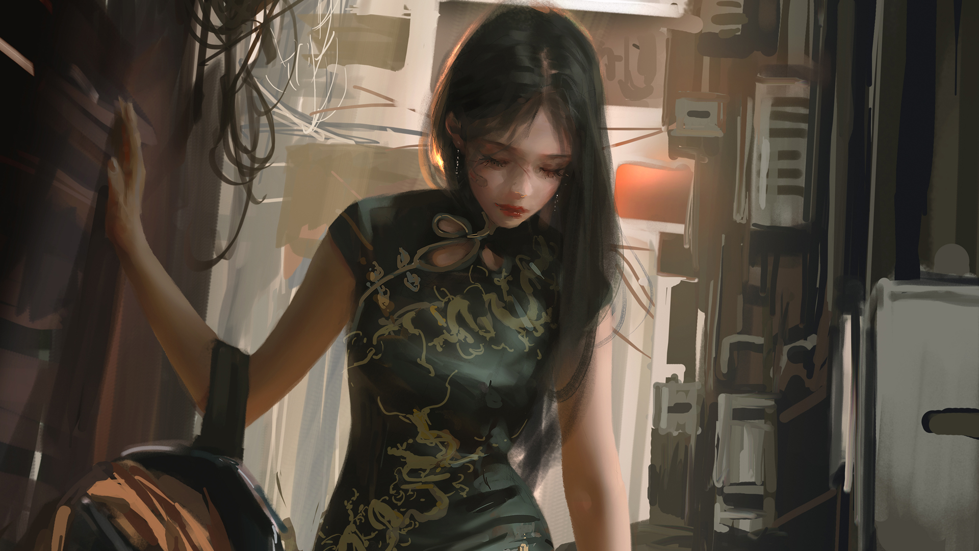 好看旗袍美女 厚涂画风 街道 动漫美女壁纸