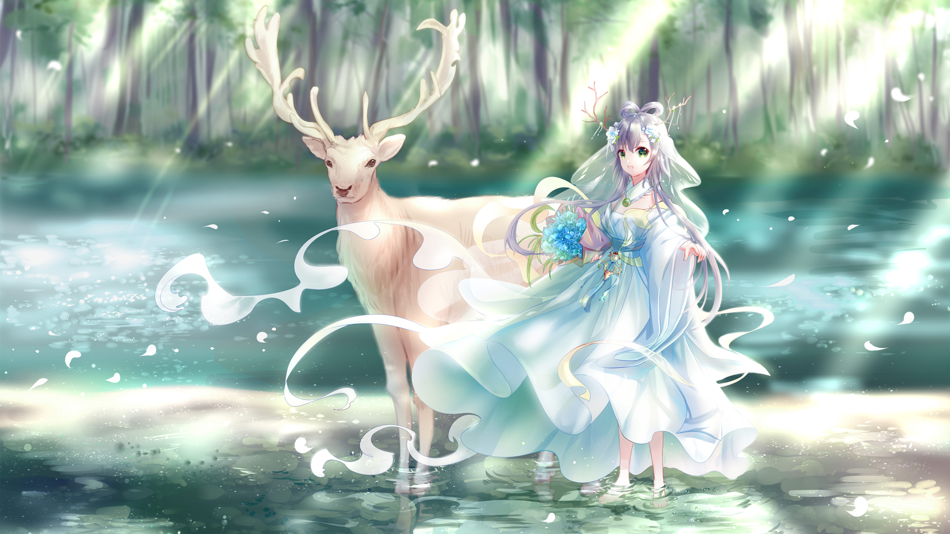 洛天依 森林 水上鹿 绿天依 作者：Yaduo铮粽子 动漫壁纸