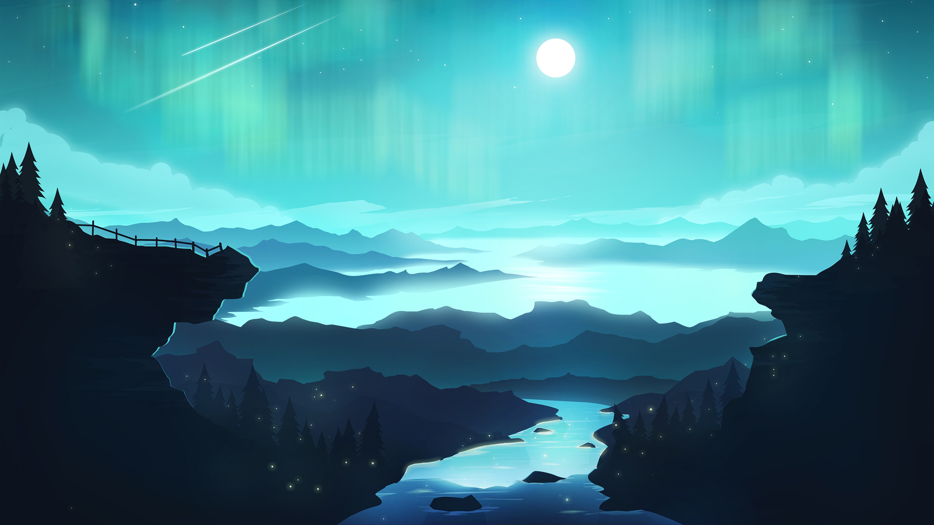 夜晚 极光 流星 月亮 山川 河流 树 简约 手绘风景 桌面壁纸