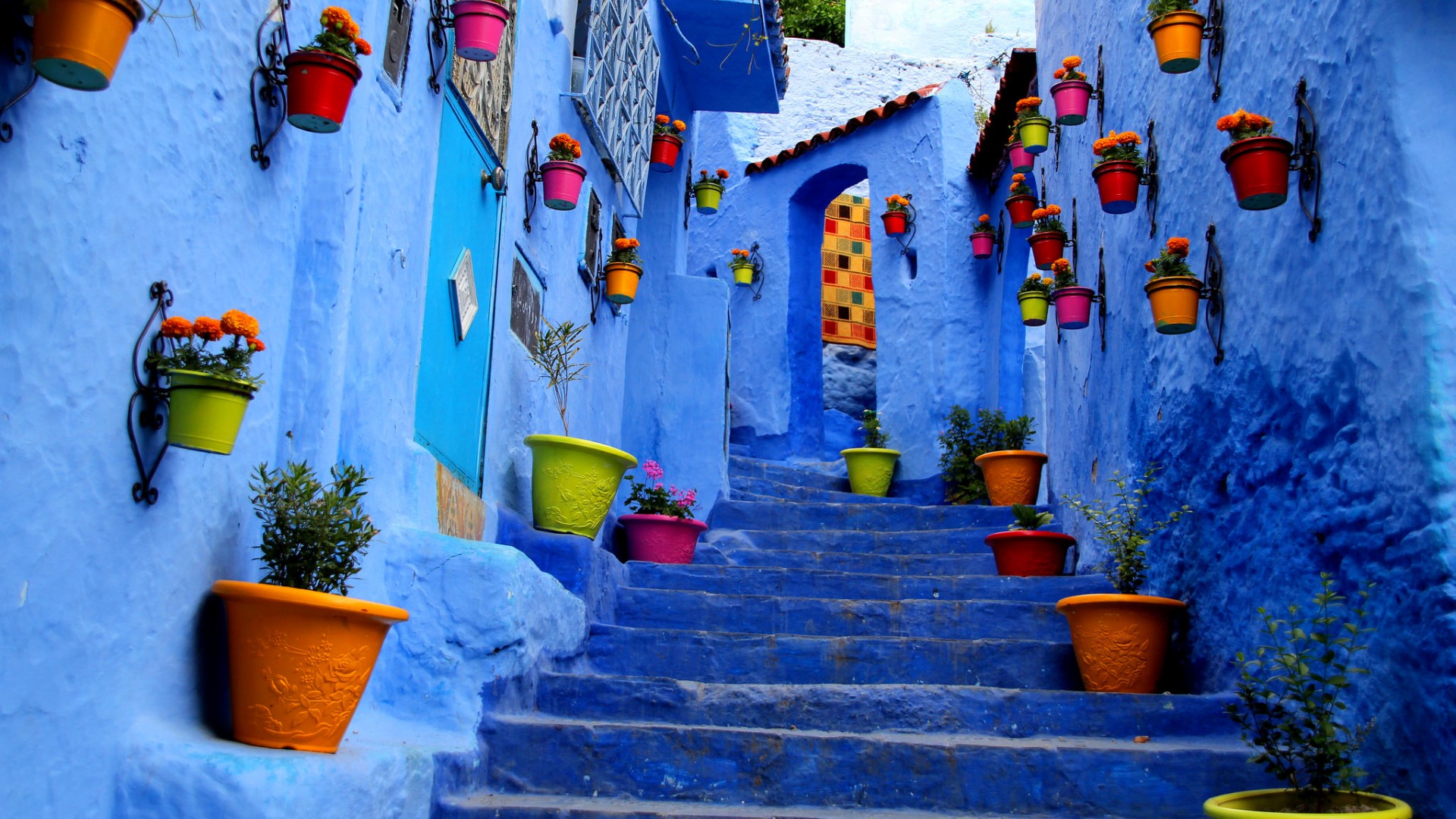 阶梯，房屋，蓝色的墙，花，花盆，童话般色彩，风景桌面壁纸