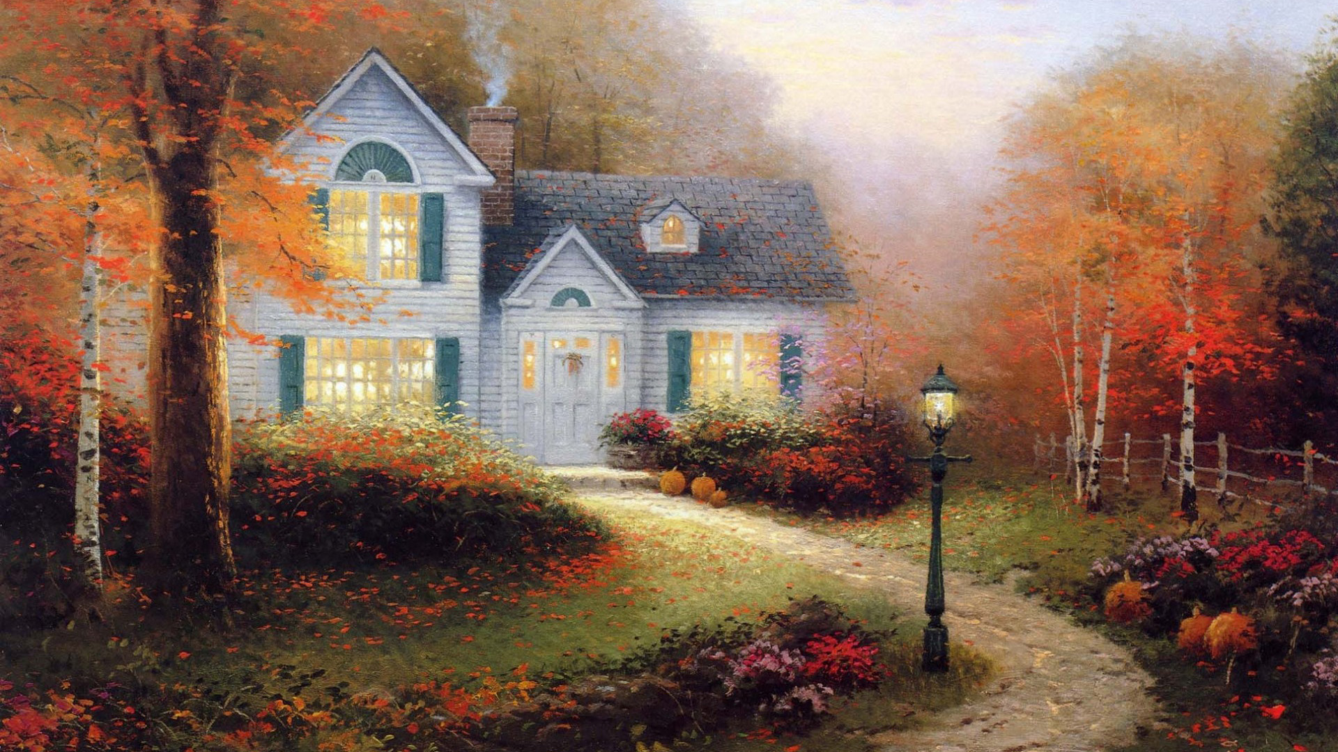 唯美意境森林,小路,房子,秋天梦境风景壁纸