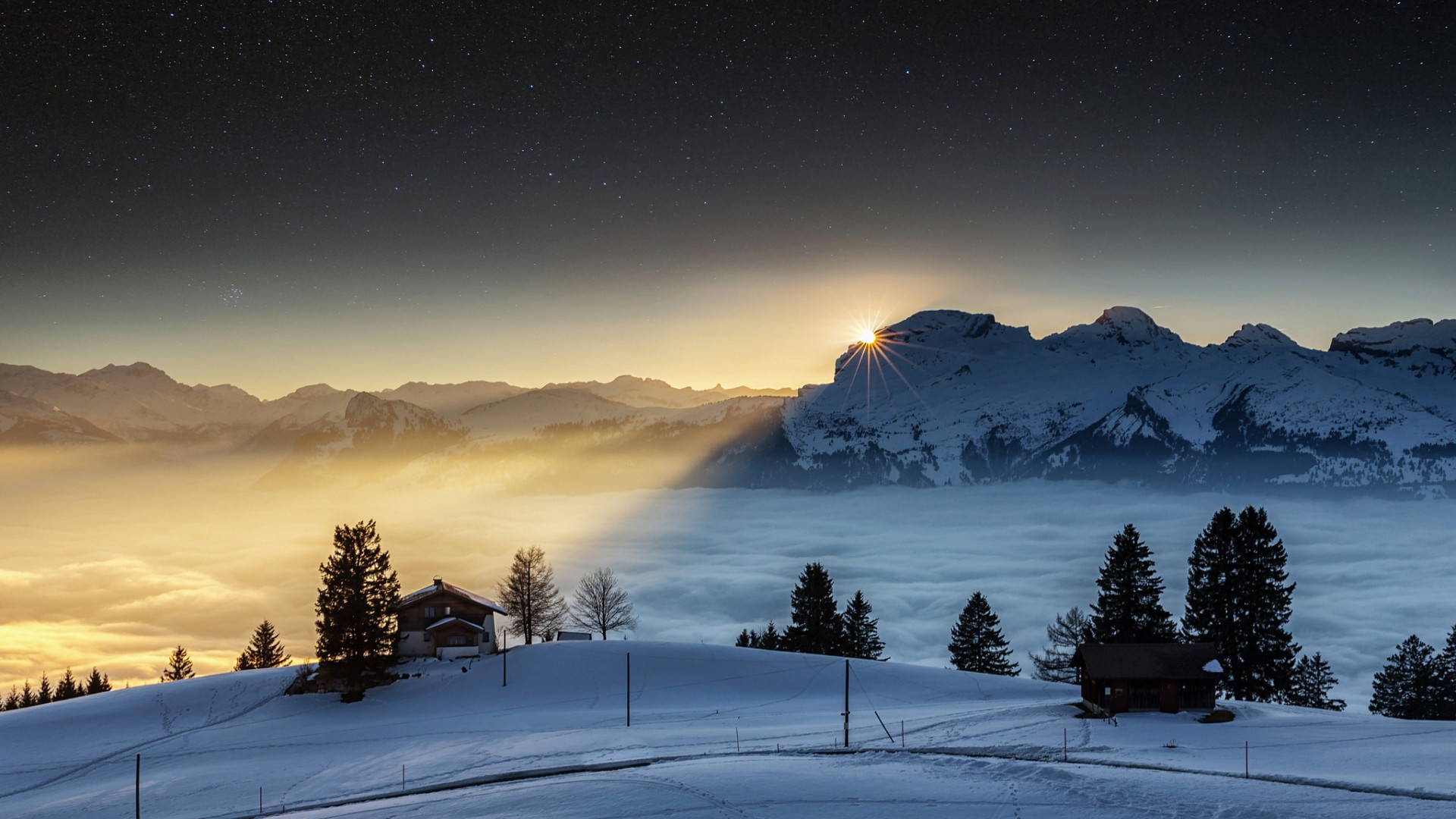 瑞士，阿尔卑斯山，冬天，山，树，房子，雪景，风景电脑壁纸