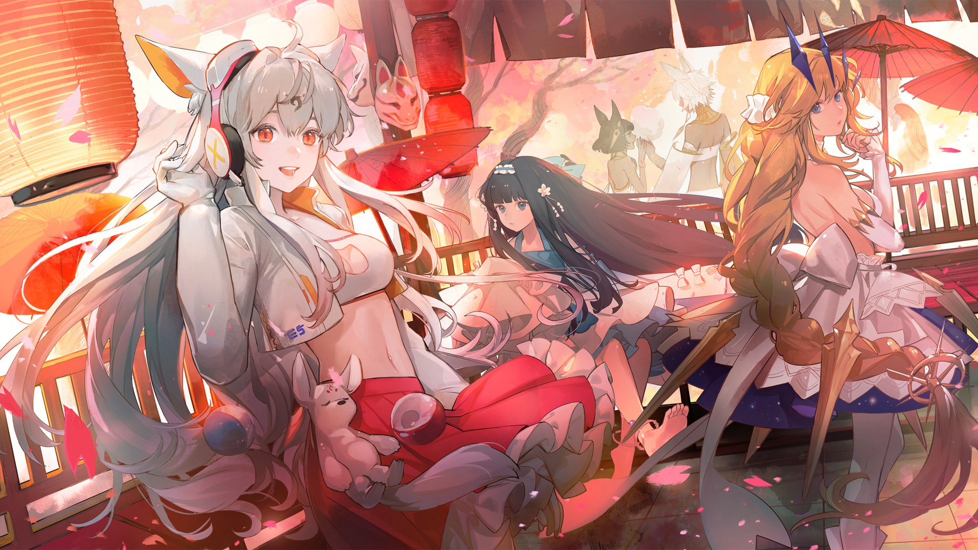 解神者 红色裙子 可爱美少女 露肚脐装 伞 唯美古风动漫壁纸