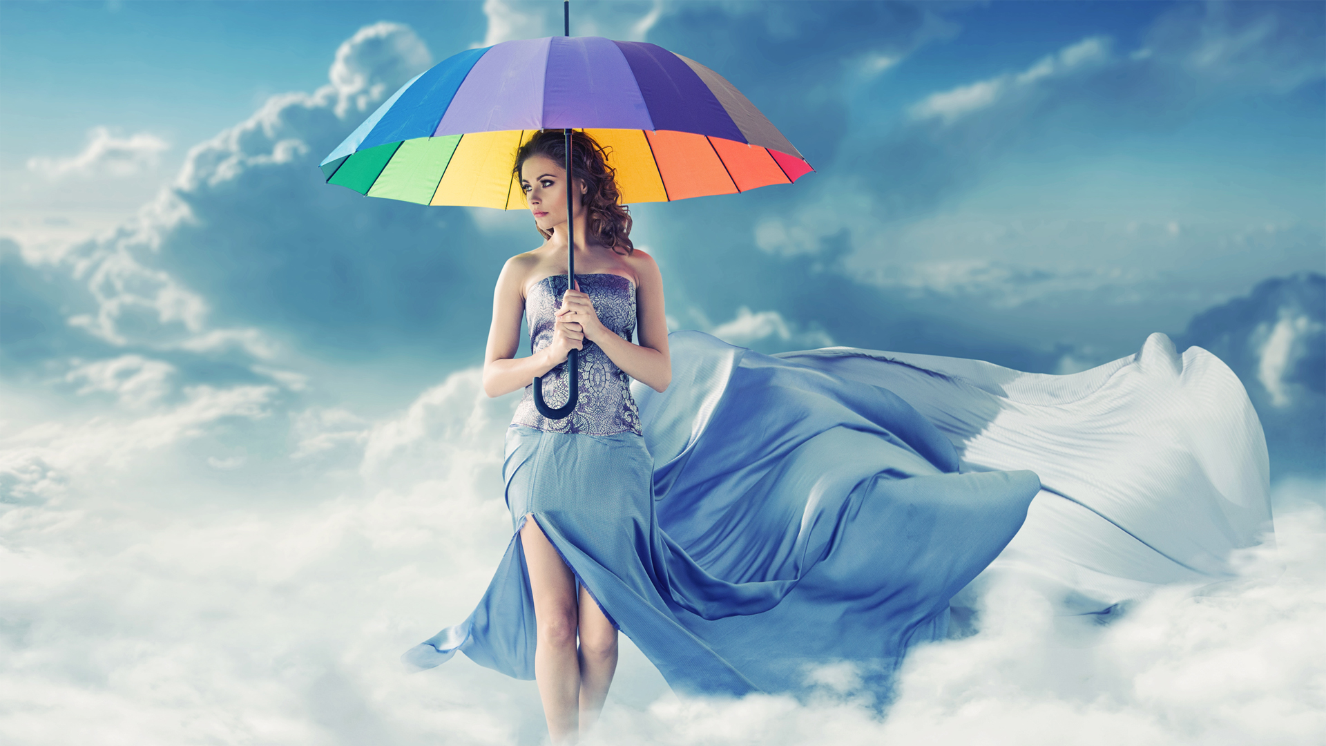 彩色伞美女天空漫步云朵创意唯美壁纸