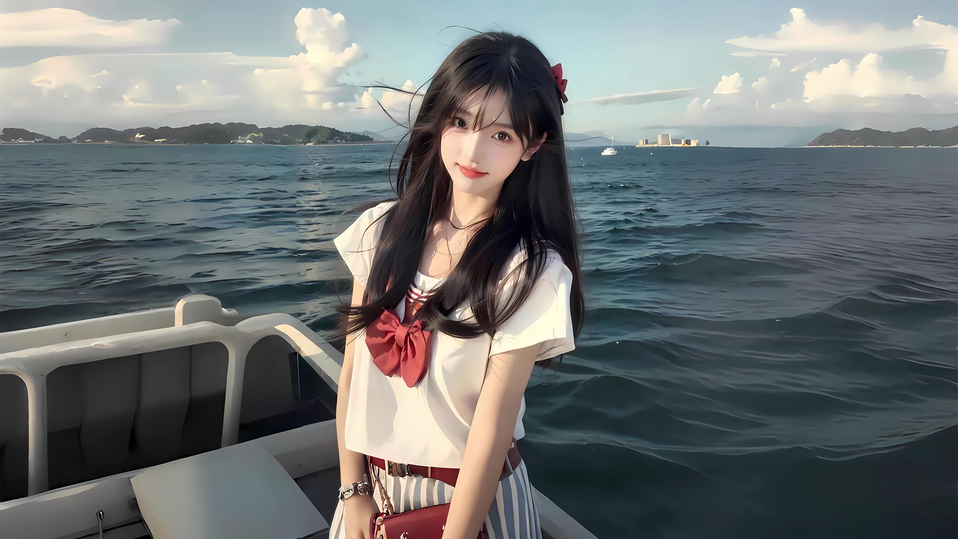 海上 船 可爱女生 壁纸高清全屏