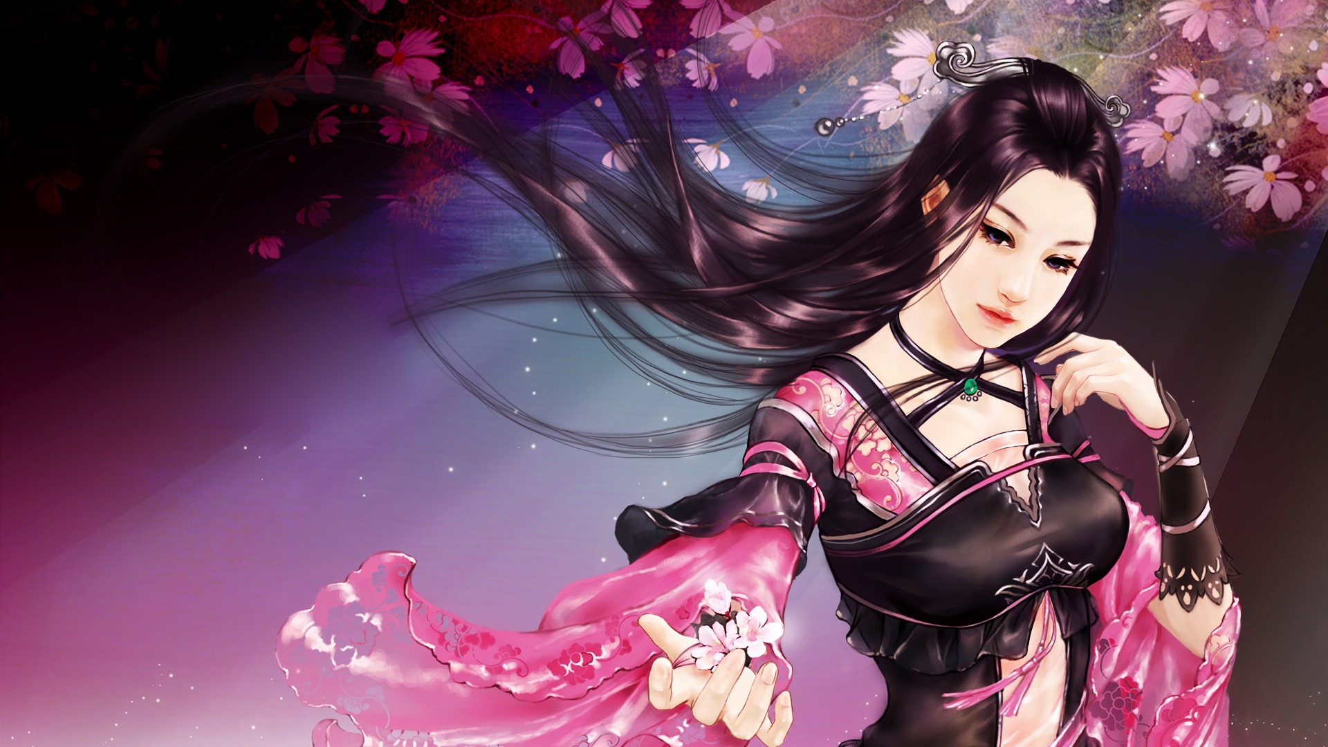 古典美女,长发,花瓣,中国风,唯美古风美女壁纸